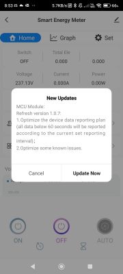 Smart Energy Meter app screen with a notification about a new update version 1.0.7.