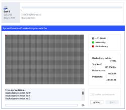 Zrzut programu do sprawdzania sektorów: dysk 238,47 GB, wykryte uszkodzone sektory.