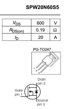 Wyciąg z dokumentacji tranzystora MOSFET SPW20N60S5: parametry kluczowe, obudowa PG-TO247 i schemat wyprowadzeń.