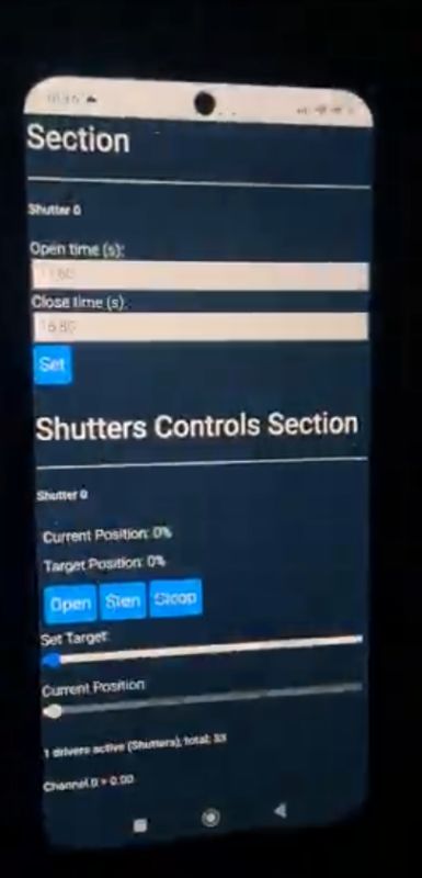 Smartphone screen showing “Shutters Controls Section” with Open, Shut, and Stop buttons