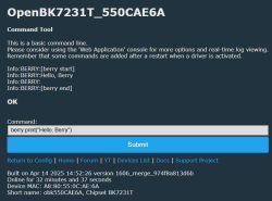 OpenBK7231T command line interface displaying Hello, Berry command example.
