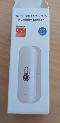 White box with Wi-Fi temperature and humidity sensor, Tuya and Wi-Fi logos, and a thermometer graphic on the front.
