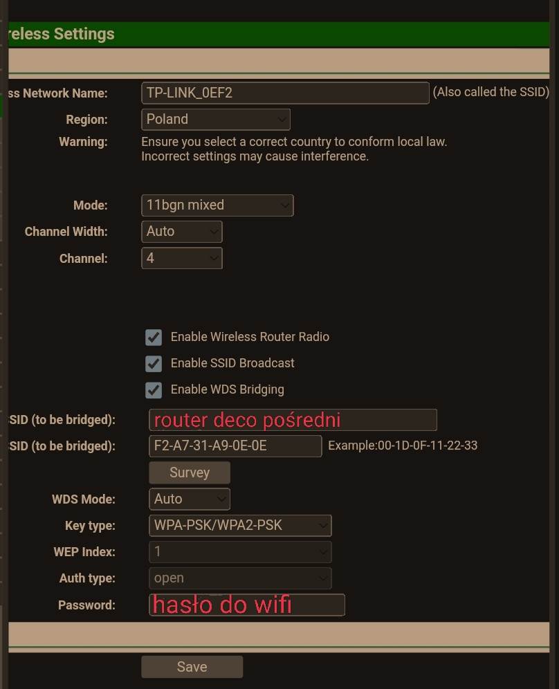 Konfiguracja TLWR1043ND v3 z Deco E4 jako repeater WiFi