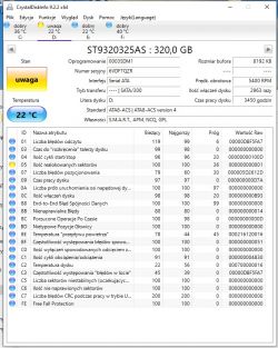 Zrzut ekranu programu CrystalDiskInfo pokazujący stan dysku twardego.