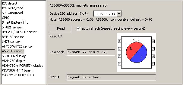 Application Interface with AS5600/AS5600L Sensor Support Test application interface with CH341 chip supporting AS5600/AS5600L sensor
