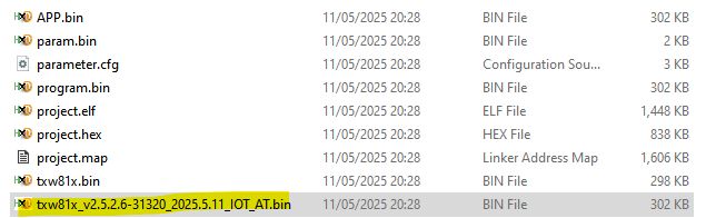 Screenshot of a folder containing binary and configuration files for the TXW81x AT demo project built with IOT SDK, with the file “txw81x_v2.5.2.6-31320_2025.5.11_IOT_AT.bin” highlighted.