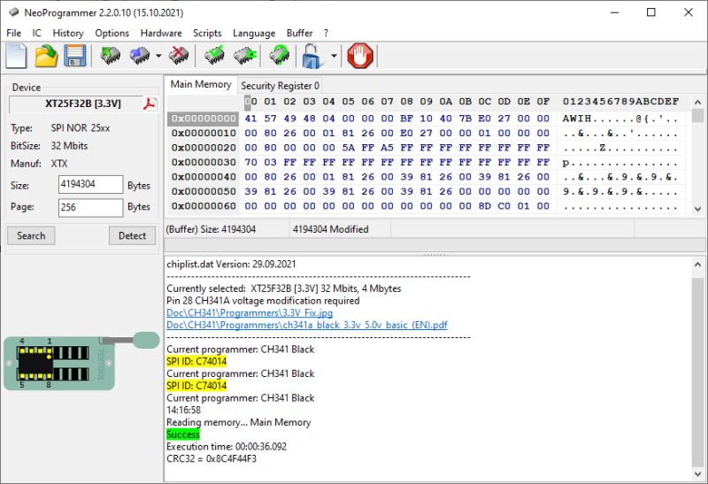Screenshot of NeoProgrammer showing XT25F32B flash memory and hexadecimal data
