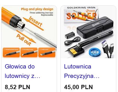 Screenshot of soldering offers: replaceable tip and soldering iron kit in a case with prices in PLN