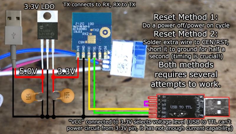 Connection diagram with USB to TTL converter, module, and 3.3V voltage regulator