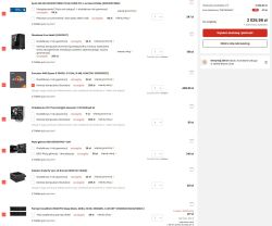 Zrzut ekranu z koszyka internetowego z podzespołami komputerowymi, m.in. procesorem AMD Ryzen 5, płytą główną MSI oraz dyskiem SSD.