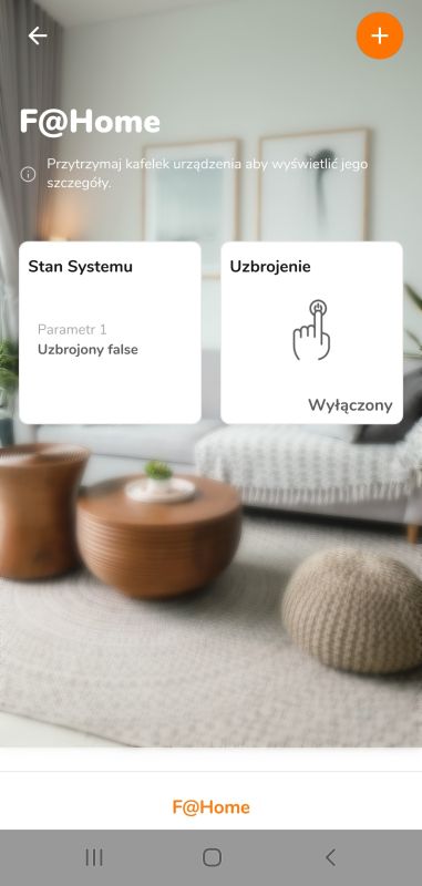 Ekran aplikacji FHome z informacją o stanie systemu i uzbrojeniu