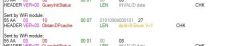 Screenshot showing data communication with the Tuya WiFi module, including ObtainDPcache and QueryInitStatus commands.