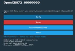 OpenXR872 control panel with four large buttons: Config, Restart, Launch Web Application, and About. Shows XR872 device status.