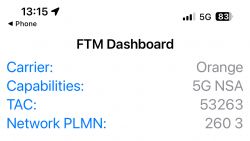 Ekran iPhone'a z FTM Dashboard pokazujący dane sieci 5G operatora Orange.