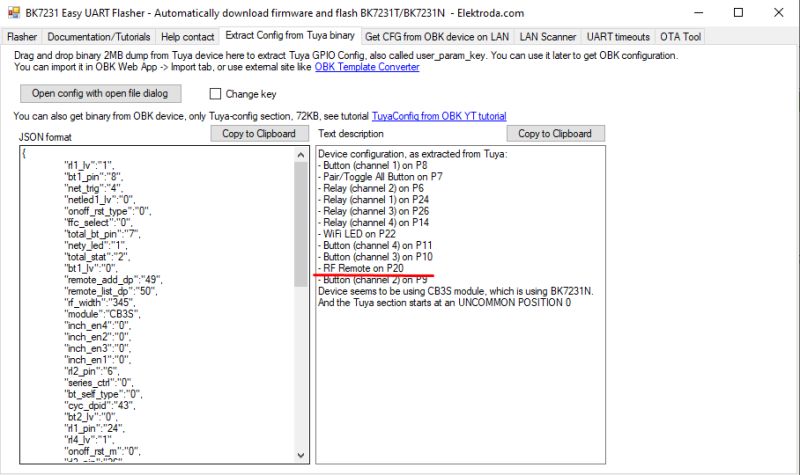 Screenshot of BK7231 Easy UART Flasher showing RF pin P20 configuration