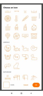 App screen with a selection of icons from categories such as animals and bathroom.