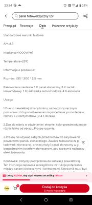 Zrzut ekranu z opisem panelu fotowoltaicznego 12V w aplikacji zakupowej