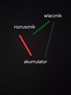 Schemat instalacji elektrycznej z rozrusznikiem, łącznikiem i akumulatorem.