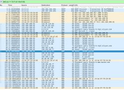 Screenshot showing a network packet analyzer with network traffic data including IP addresses and communication protocols.
