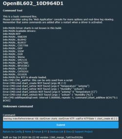 Screenshot of the OpenBL602_10D964D1 command tool displaying a list of available drivers and errors related to chart commands.