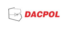 Logo DACPOL z czerwonym napisem i symbolem diody na białym tle