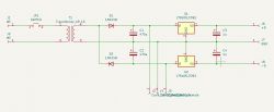Schematic zasilacza z transformacją i diodami prostowniczymi.
