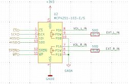 Schemat elektroniczny przedstawia układ MCP4251 z różnymi połączeniami i rezystorami.