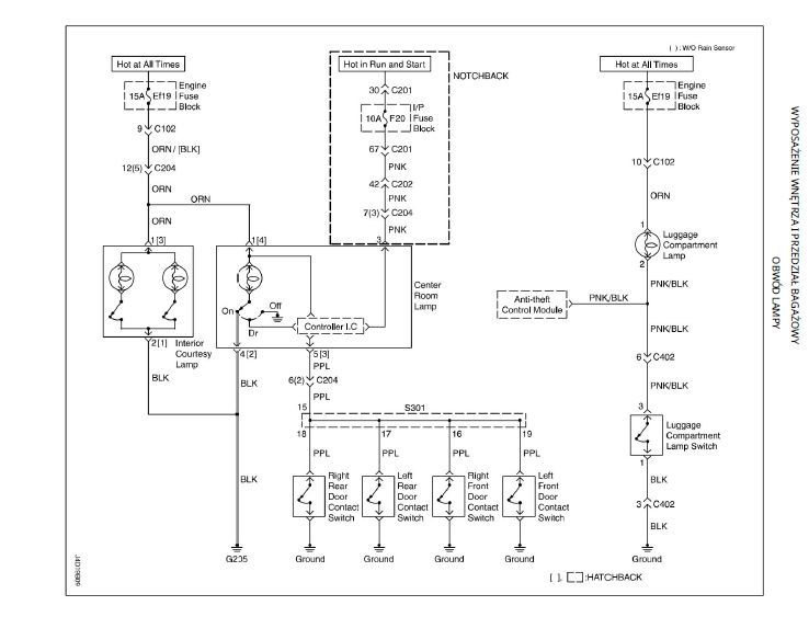 Schemat elektryczny samochodu z różnymi połączeniami i komponentami