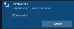 Zrzut ekranu z komunikatem o braku Internetu przy połączeniu Wi-Fi UPCDEA35E5.