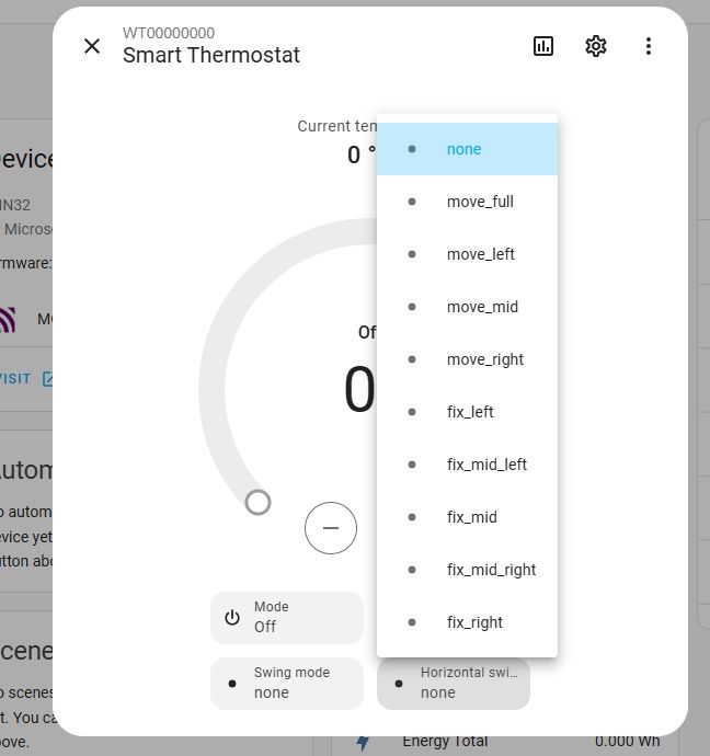 Smart thermostat control panel with an expanded horizontal swing mode selection menu.