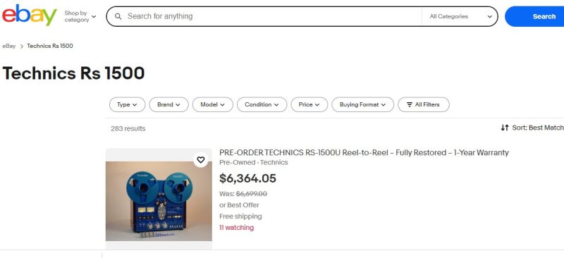 Screenshot of eBay results for “Technics Rs 1500” showing a listing priced at $6,364.05
