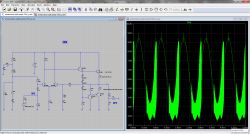 Schemat wzmacniacza audio w LTspice z widocznymi oscylacjami na wykresie wyjściowym