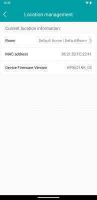 Screenshot showing location management with information about room, MAC address, and device firmware version.
