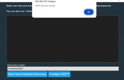 Screenshot of Home Assistant configuration with a message about MQTT discovery being queued.