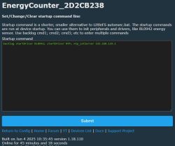 Screenshot of the EnergyCounter configuration panel with a startup commands input field.
