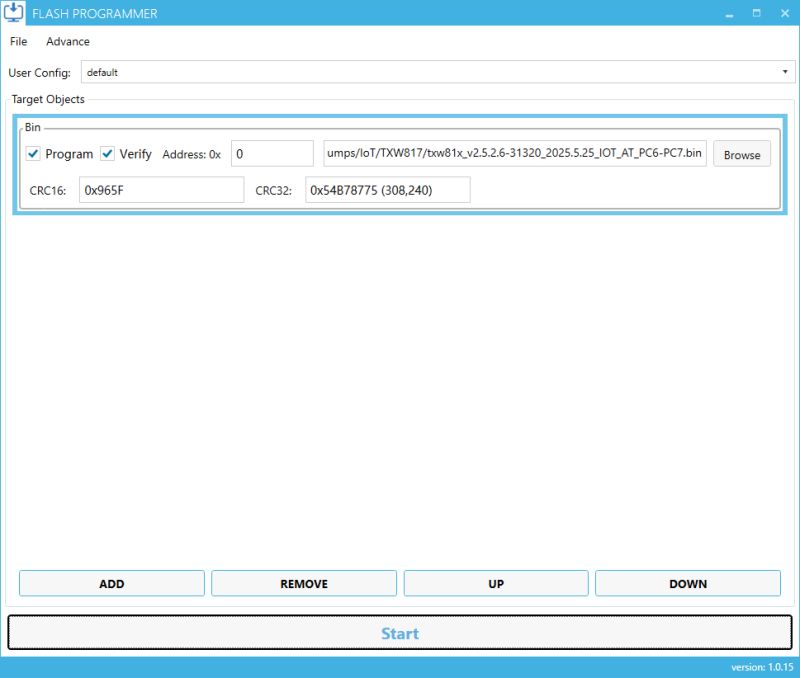 Flash Programmer window with selected binary file configuration Flash programmer window with selected binary file path and programming and verification options enabled.