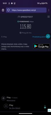 Zrzut ekranu z aplikacji Speedtest.net pokazujący prędkość pobierania 115,80 Mbps.