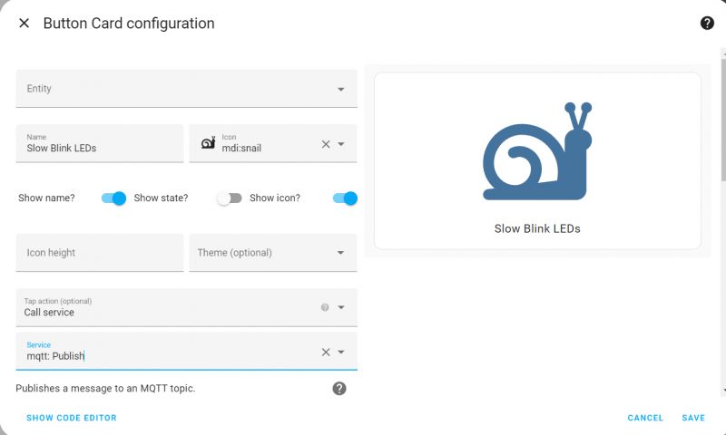Home Assistant Button Card Configuration Home Assistant button card configuration with a snail icon.
