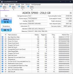 Stan dysku SSD ADATA SP900 w programie CrystalDiskInfo Zrzut ekranu programu CrystalDiskInfo pokazujący stan dysku SSD ADATA SP900 z oceną 91%.