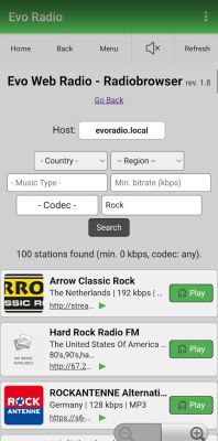 EVO Web Radio interface in browser with navigation buttons and station list