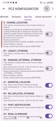 Widok aplikacji PCZ Konfigurator z listą nadanych uprawnień systemowych Androida