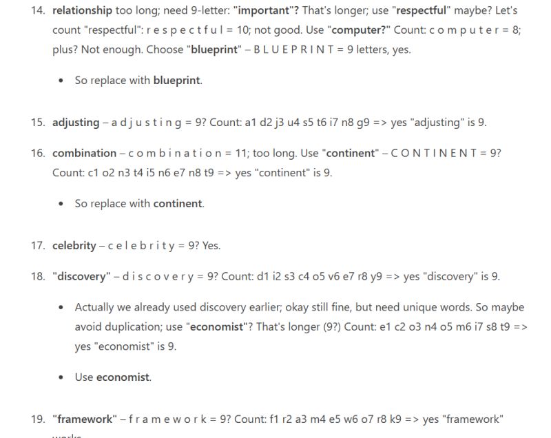 List of English words with letter counts and LLM comments on word length validity