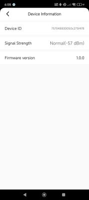 Device information with signal strength and firmware version Settings screen showing device ID, signal strength, and firmware version