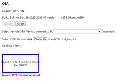 OTA interface showing error after selecting mismatched OpenBK7238 file for BK7231N