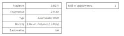 Tabela z danymi technicznymi akumulatora GSM typu Li-Poly o napięciu 3,82 V i pojemności 2,9 Ah.
