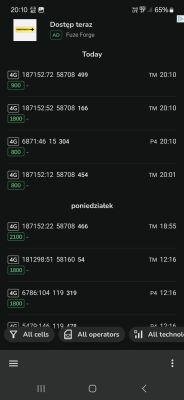Zrzut ekranu z aplikacji NetMonster pokazujący dane o zasięgu i technologiach LTE różnych operatorów w okolicy.