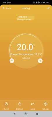 App screen for heating control showing 20.0°C set temperature