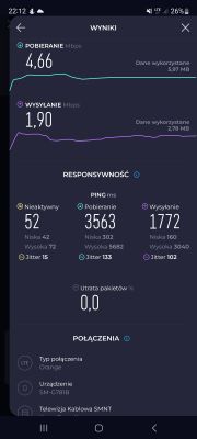 Zrzut ekranu aplikacji speed test z wynikami prędkości internetu.
