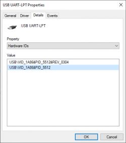 USB UART-LPT Properties window showing hardware IDs.