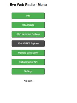 Screenshot of Evo Web Radio interface with green menu buttons
